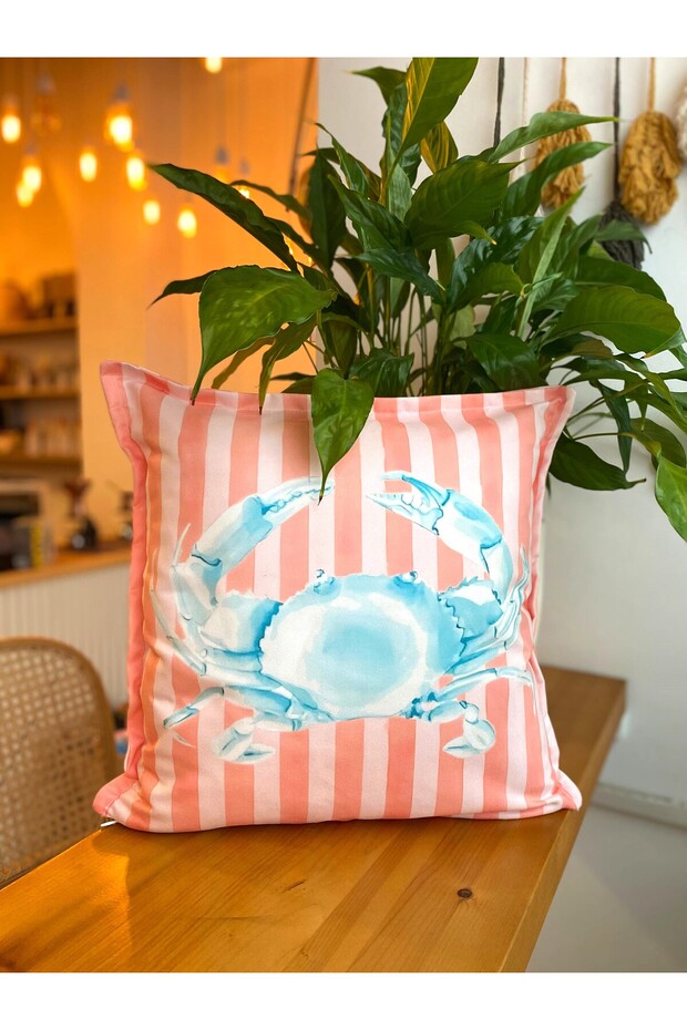 Crab Patterned Summer Themed Suede Double Sided Digital Printing Pink Striped Throw Pillow Cover - 43 X 43 cm
