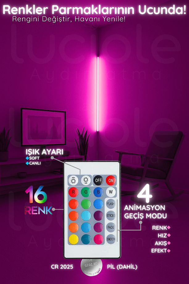 Led Abajur Aplik Gece Lambası Rgb Lambader 16 Renkli Uzaktan Kumandalı Işık 4 Animasyonlu Luciled1 - 4