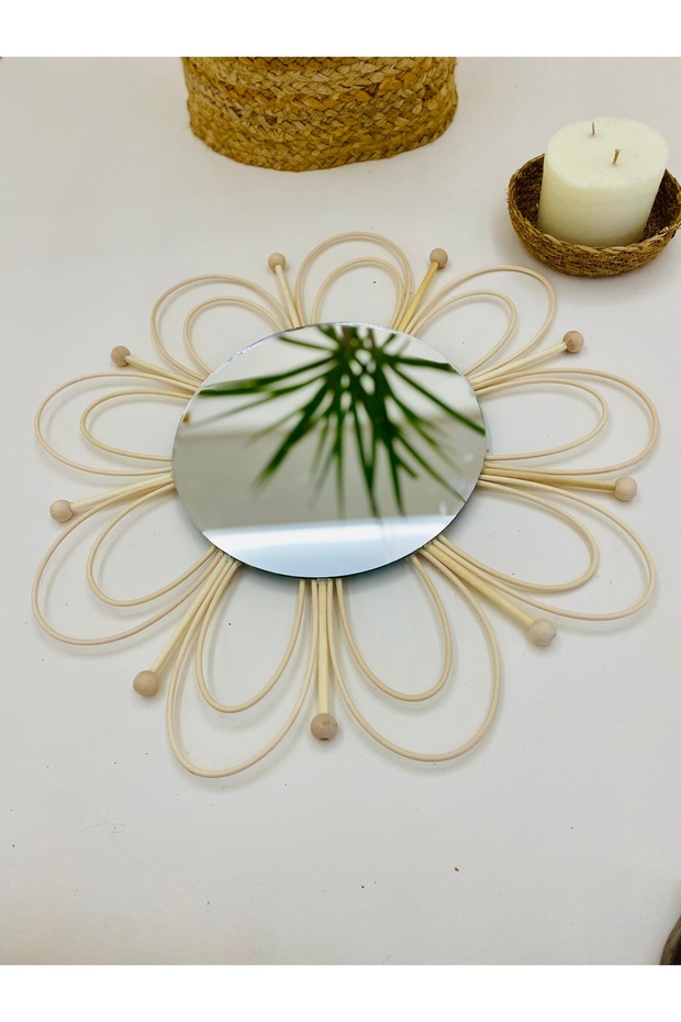 Natural Bamboo Rattan Bead Detailed Daisy Mirror Wall Decor