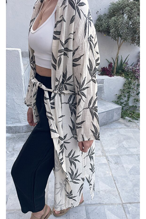 Women's Black-Ecru Patterned Kimono Alaçatı - 2 Layers Organic Muslin Crinkle