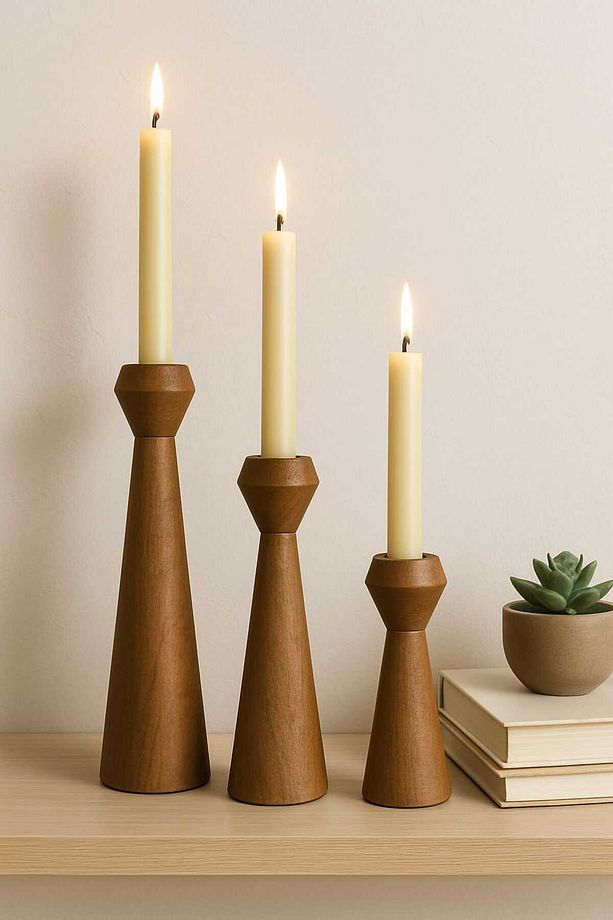 Doğal Ahşap Kahve Şamdan Seti 20cm & 17.5cm & 15cm , El Yapımı, Rustik Dekoratif 3'lü Mumluk Modern - 5