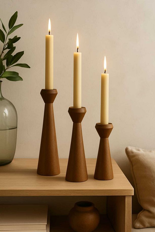 Doğal Ahşap Kahve Şamdan Seti 20cm & 17.5cm & 15cm , El Yapımı, Rustik Dekoratif 3'lü Mumluk Modern - 7