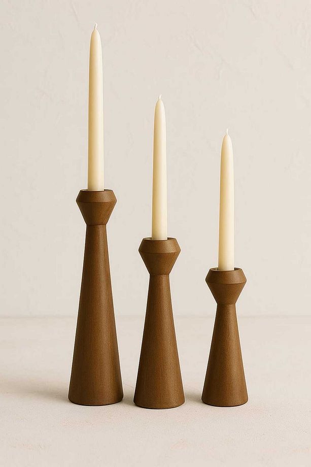 Doğal Ahşap Kahve Şamdan Seti 20cm & 17.5cm & 15cm , El Yapımı, Rustik Dekoratif 3'lü Mumluk Modern - 3