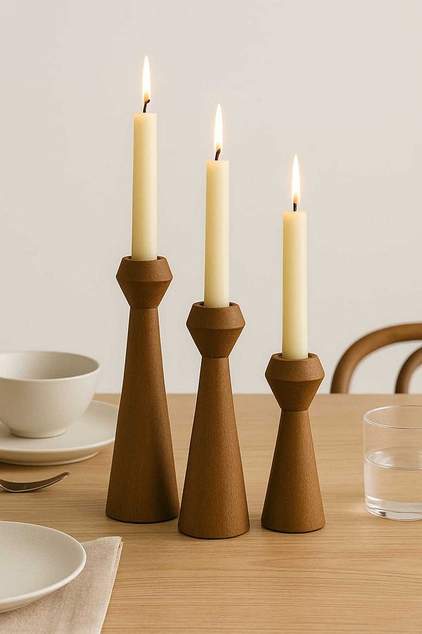 Doğal Ahşap Kahve Şamdan Seti 20cm & 17.5cm & 15cm , El Yapımı, Rustik Dekoratif 3'lü Mumluk Modern - 8