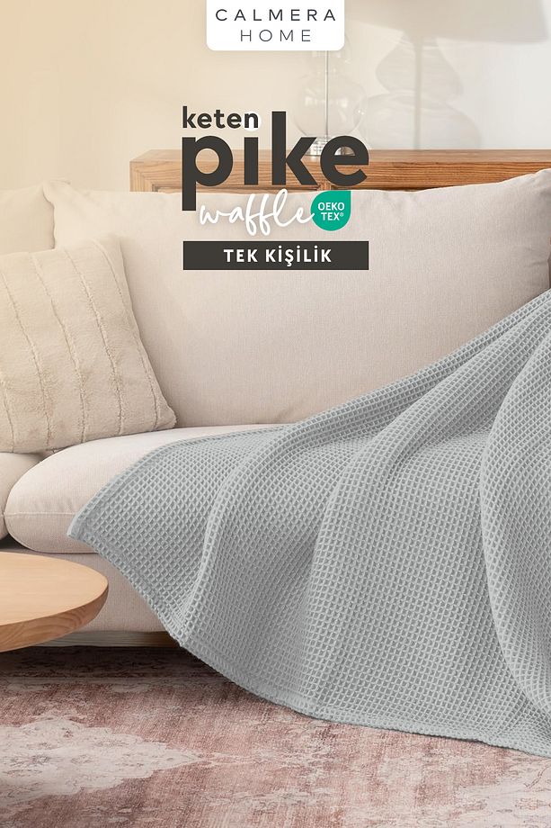 Keten Tek Kişilik Waffle Pike | Yatak & Koltuk Örtüsü - Şal | Premium Pamuk - Yazlık | Açık Gri - 2