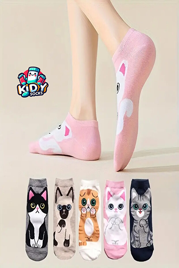 مجموعة من 5 أزواج من الجوارب القطنية المزخرفة على شكل قطة لطيفة - 3