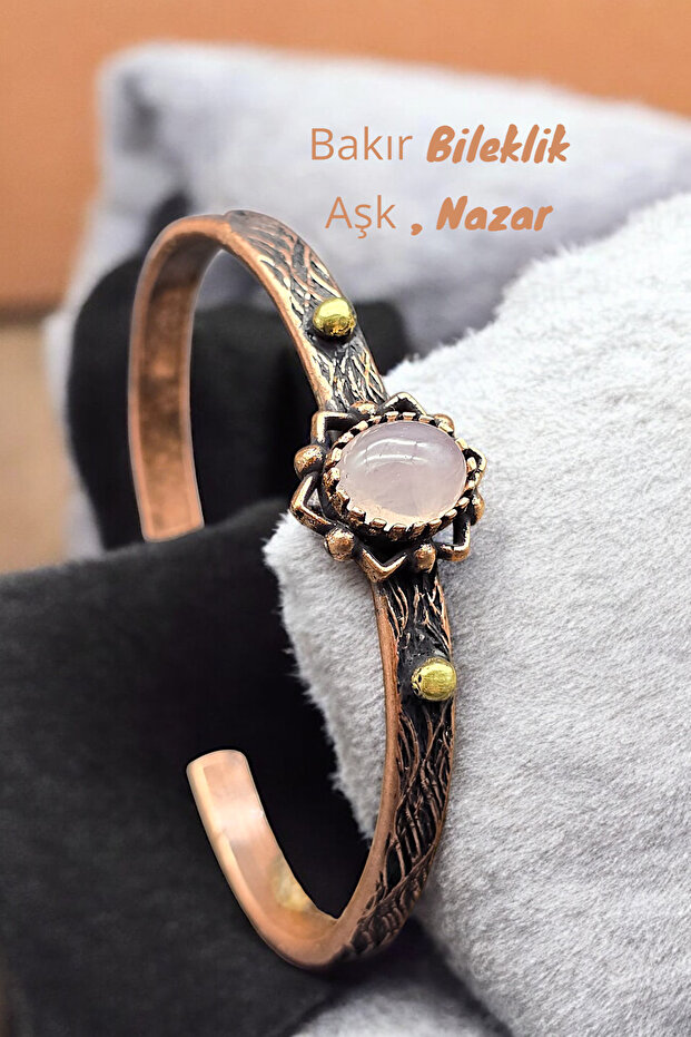 Copper Bracelet (Pure) Adjustable Pink Quartz Stone Antique Unique Design (Evil Eye)