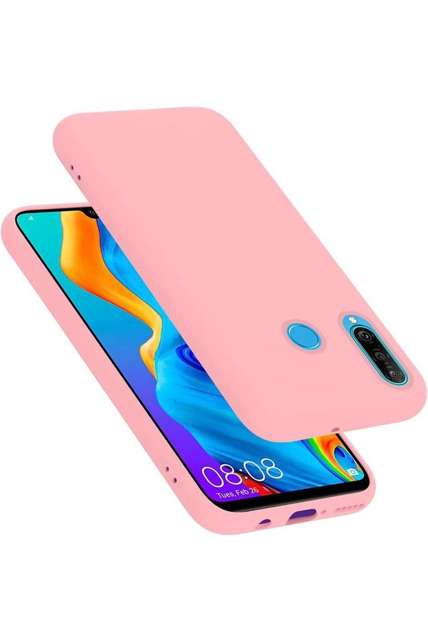 جراب سيليكون سائل متوافق مع هاتف Huawei P30 Lite من الداخل باللون الوردي المخملي
