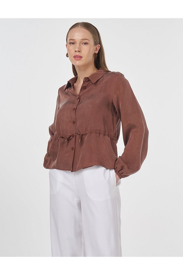 Bel Büzgülü Lyocell Bluz Kahve - 1