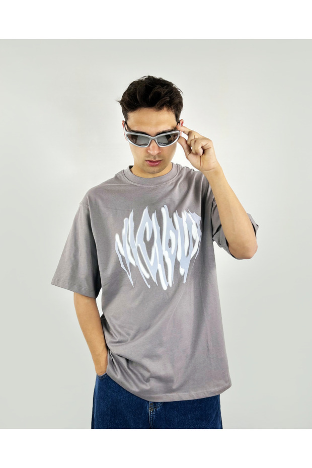 Vicious Gray Embossed Printed Oversize T-Shirt