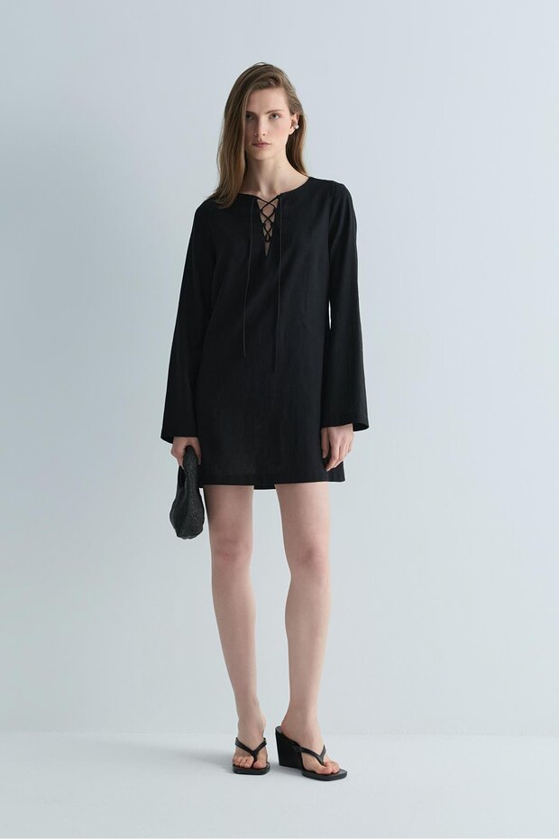 Black Karla Lace-Up Linen Dress