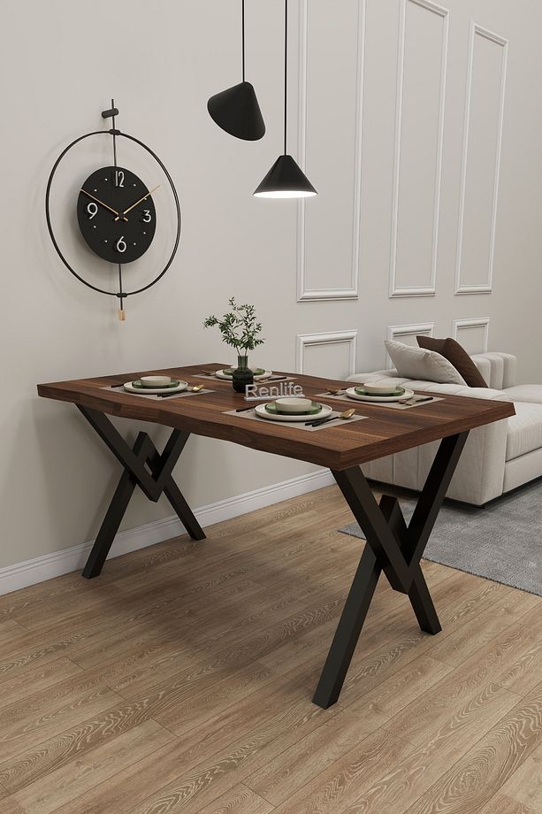 Kütük Mutfak Masası  6 Kişilik Metak Ayaklı Mdf Masa 80 x 120 (ESMER CEVİZ - 2