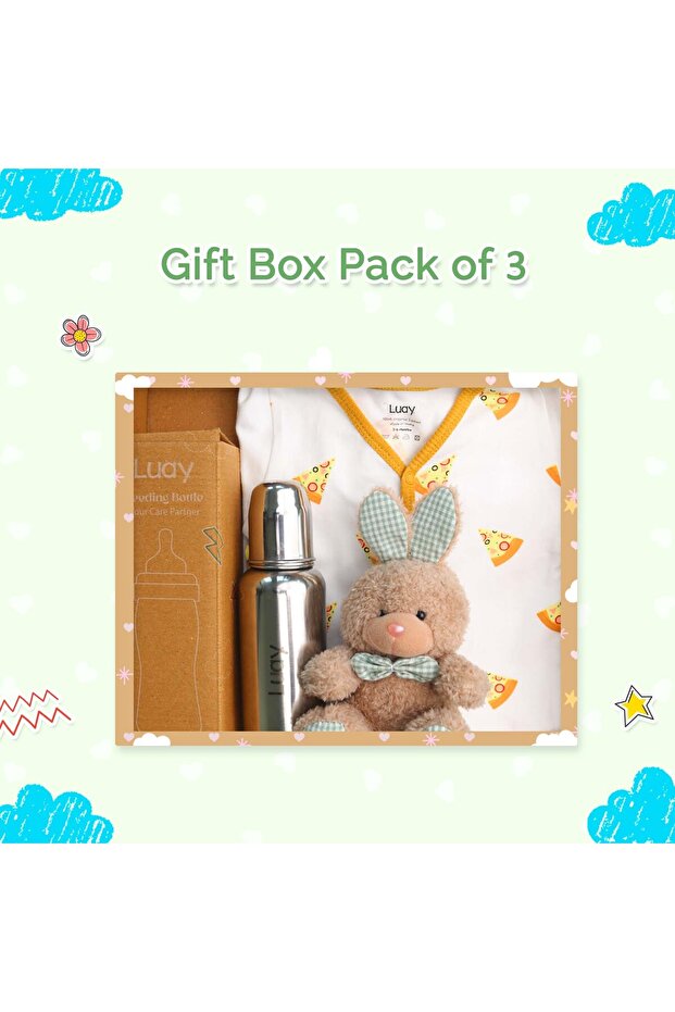 Premium Gift Box Set with The Baby Romper, Baby Feeding Bottle and Teddy Bear