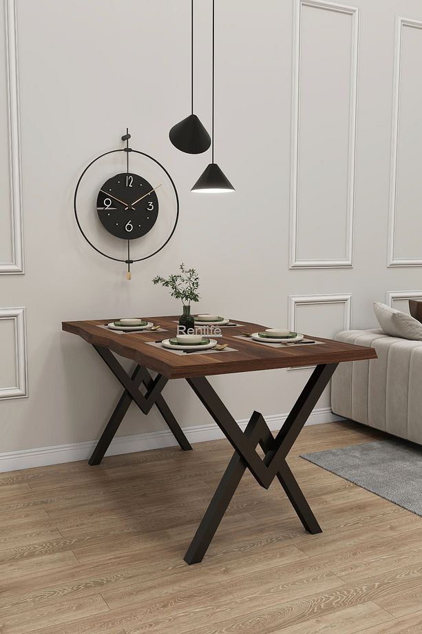 Kütük Mutfak Masası  6 Kişilik Metak Ayaklı Mdf Masa 80 x 120 (ESMER CEVİZ - 1