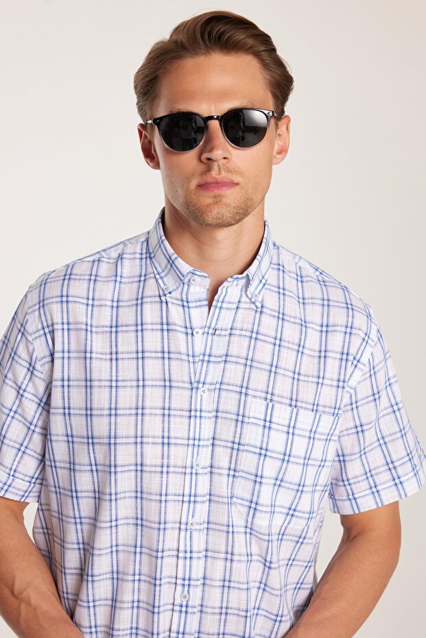 Men's Regular Fit Classic Cut Oversized 100% Cotton Linen Texture Pocketed Checked Short Sleeve Shirt