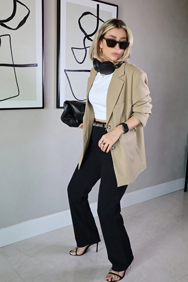 Çift Düğmeli Astarlı Oversize Ceket - Bej - 1