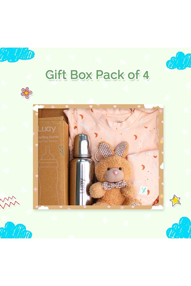 Premium Gift Box Set with Onesie, Feeding Bottle, Baby Bib and Teddy Bear for Babies