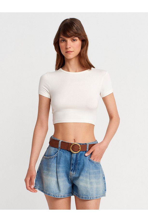 71998 Pileli Geniş Denim Şort-Tint - 4