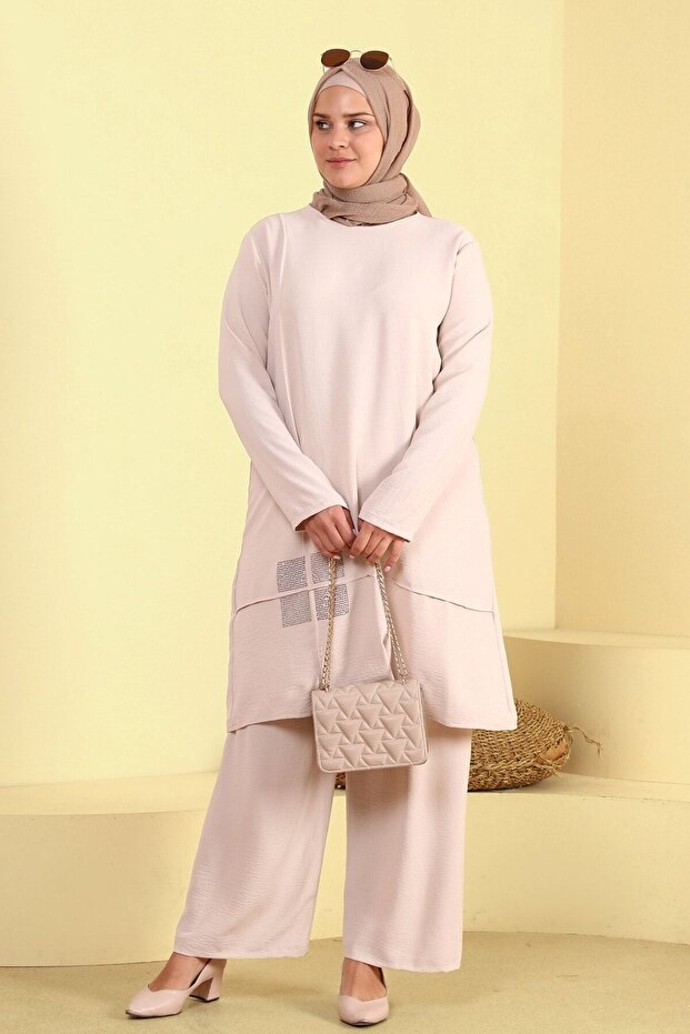 Women's Hijab Suit Large Size 2 Piece Set Hijab Combination Stone