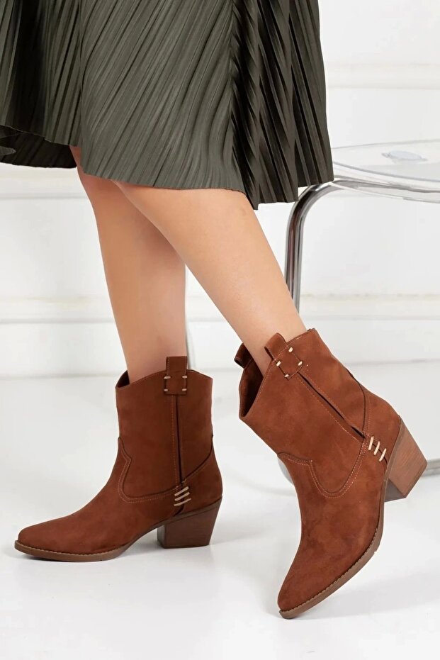 Taba Kalın Topuklu süet Kovboy Bot - 1