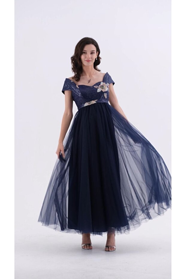 Lacivert Tül Üzeri Payet İşlemeli Abiye Hamile Elbise - 1