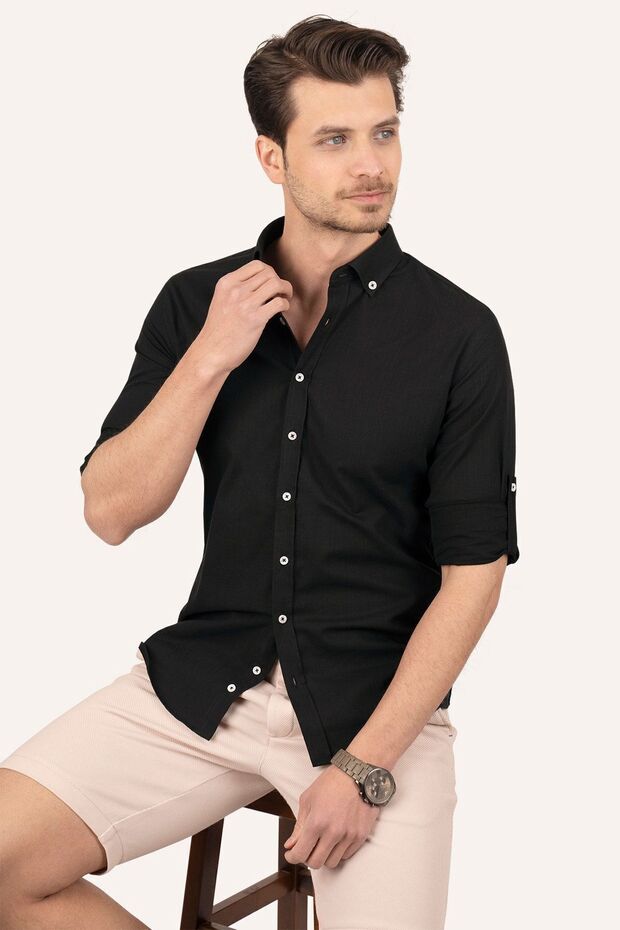 قميص رجالي من الكتان Slimfit - طوق أسود، أزرار، صندوق هدايا