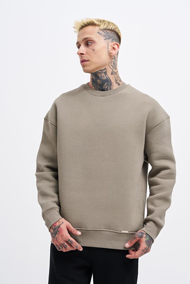 Erkek Oversize Basic Sweatshirt Khakı - 1