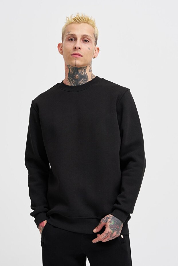 Regular Bisiklet Yaka Basic Sweatshirt SİYAH - 1