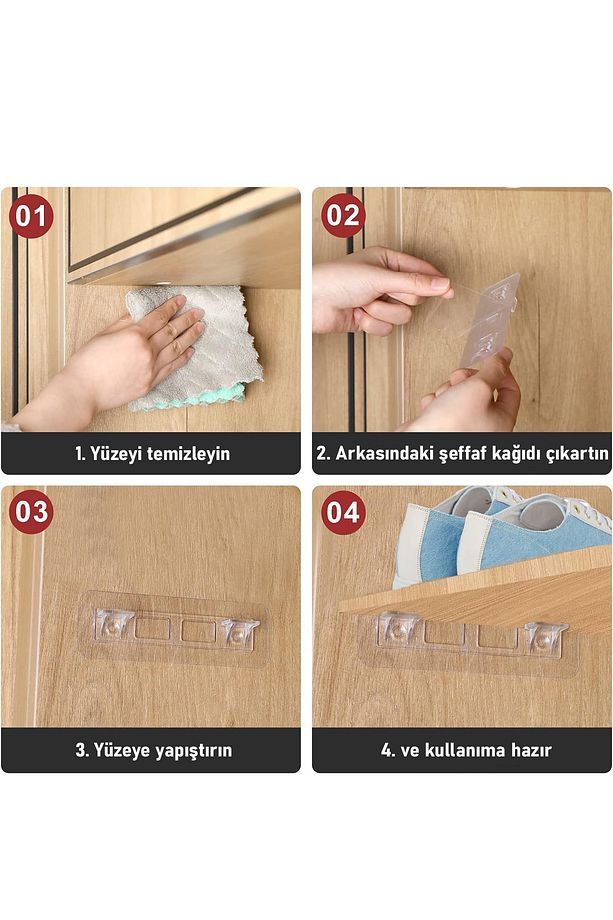 4 Adet Yapışkanlı Raf Destek Aparatı Dolap İçi Raf Tutucu Sabitleme Klipsi Askı 4'lü Raf Sabitleyici - 7