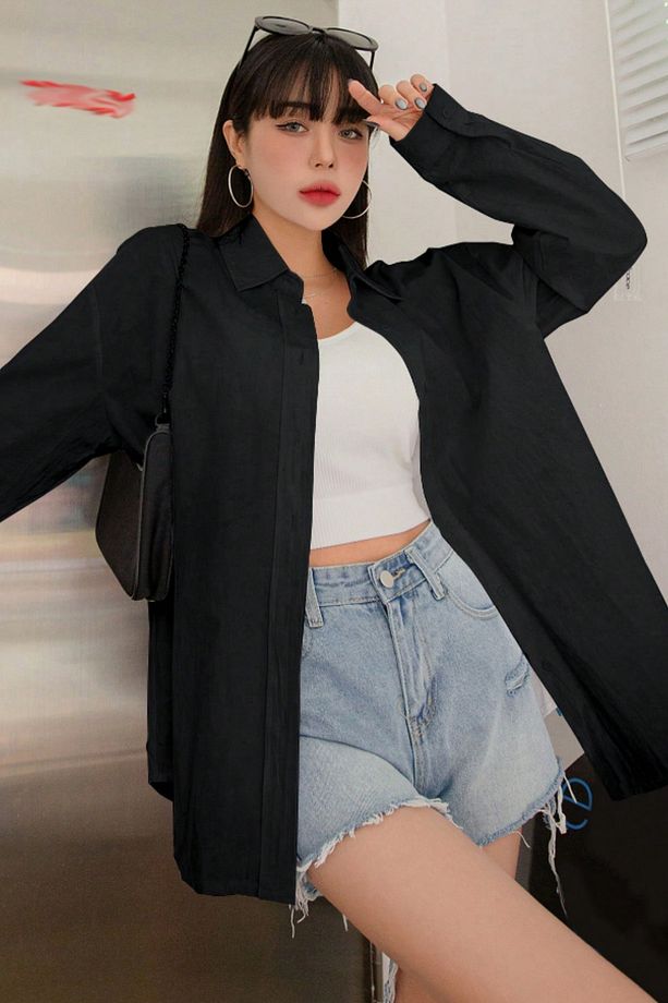 Oversize Basic Uzun Kollu Gömlek Siyah - 1