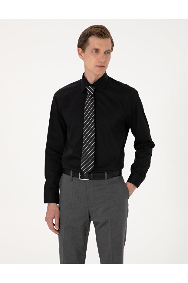 Black 100% Cotton Shiny Satin Slim Fit Long Sleeve Basic Shirt 50305127-Vr046