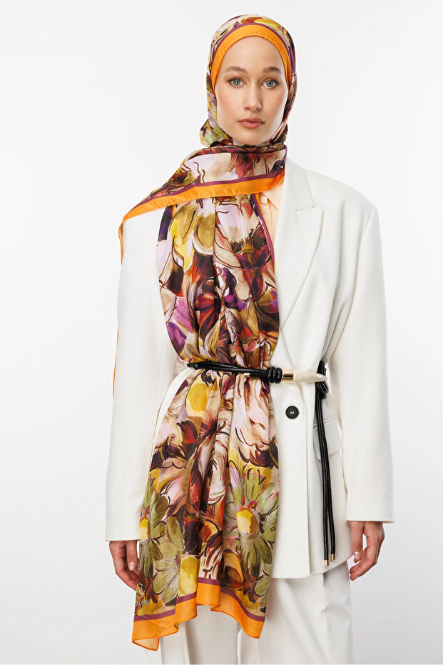 Orange Rossel Pattern Cotton Shawl - 5