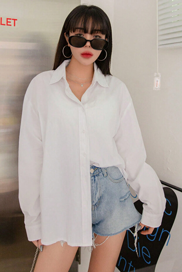 Oversize Basic Uzun Kollu Gömlek Beyaz - 3