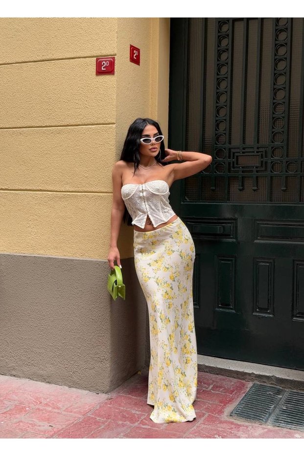 Women's Cream Yellow Floral Flowy Long Satin Skirt