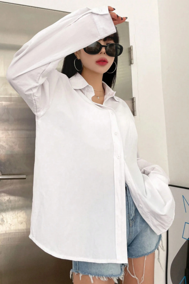Oversize Basic Uzun Kollu Gömlek Beyaz - 2