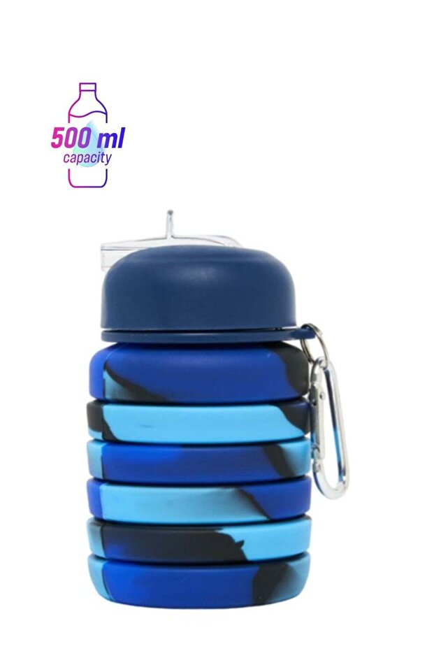Blue Swirl Folding Silicone Water Bottle - Compact Silicone Bottle for Hydration on the
