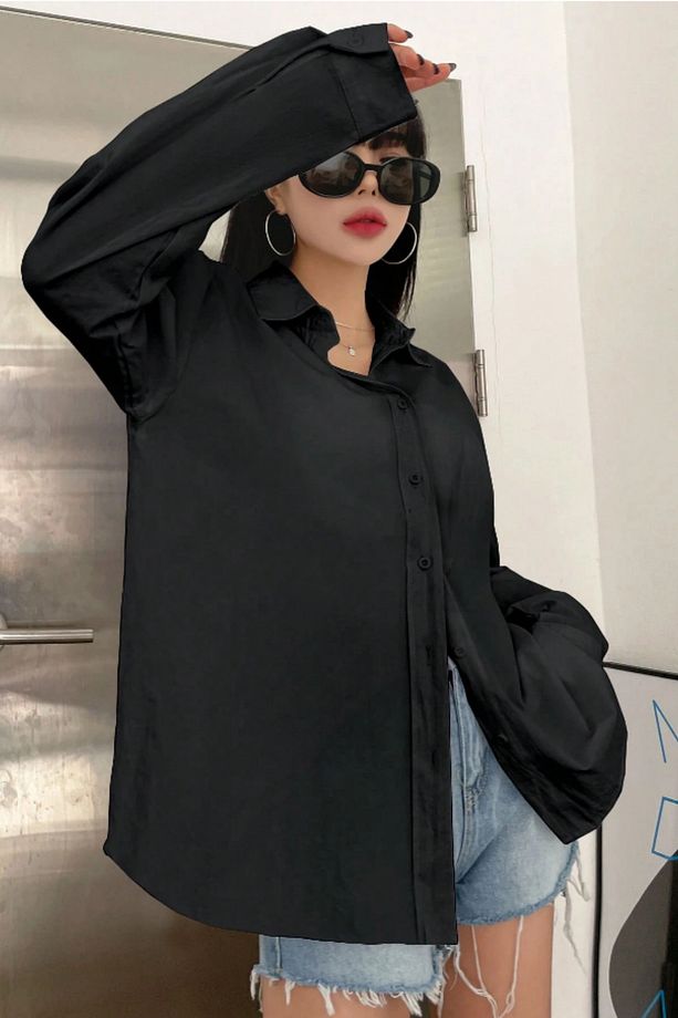 Oversize Basic Uzun Kollu Gömlek Siyah - 4
