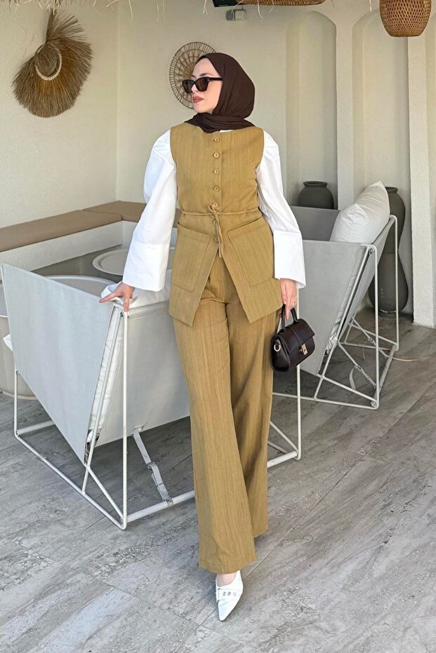 Mustard - Double Pocket 100% Cotton Vest Trousers Set - 8602