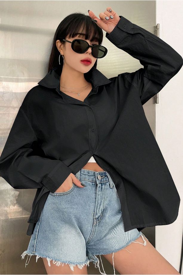 Oversize Basic Uzun Kollu Gömlek Siyah - 2