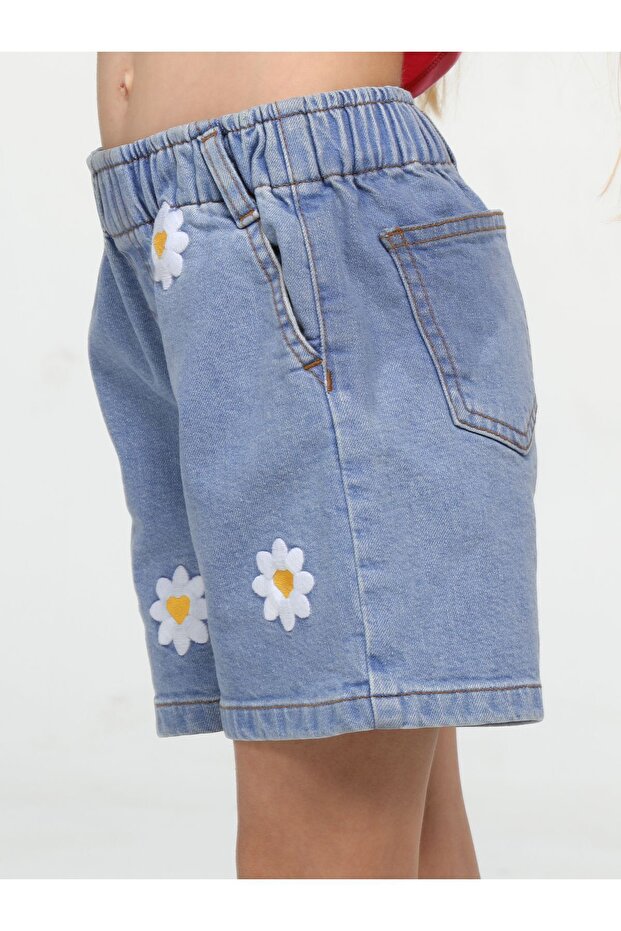 Daisy Embroidered Girl's Denim Shorts