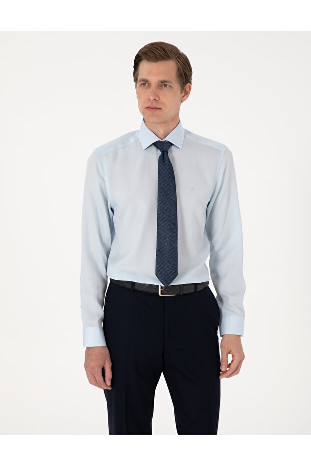 Light Blue Anti-Wrinkle Lyocell Slim Fit Long Sleeve Basic Shirt 50303339-Vr003