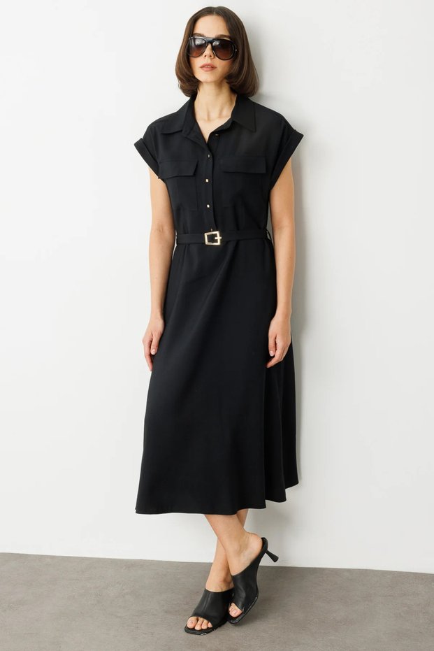 Women's Buttoned Front Maxi Dress with Belt 5080 Black