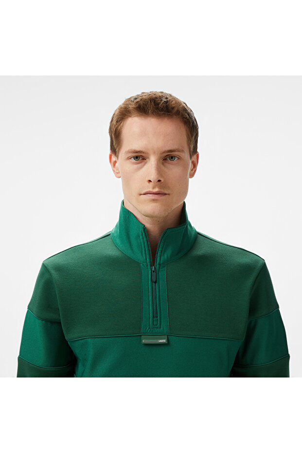 Erkek Classic Fit Yarım Fermuarlı Renk Bloklu Koyu Yeşil Sweatshirt - 2