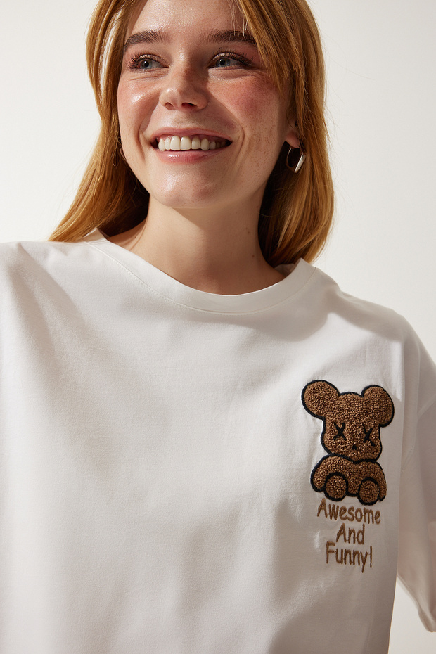 Teddy Bear Embroidered Crop Knitted T-Shirt Ecru Lhf0008
