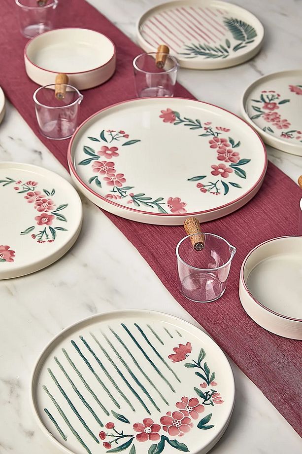 15 Parça 6Kişilik Flowers Stackable Kahvaltı Takımı -Sosluklu Çiçekli Kahvaltılık Sunum Seti Tabağı - 1