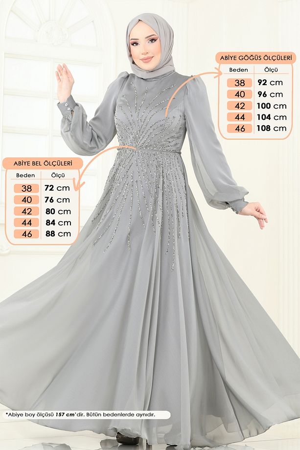 SUAL Taş Detaylı Janjan Abiye 4953D170 Gri - 2