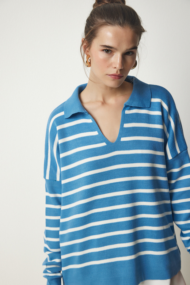 Polo Collar Knitwear Sweater Sky Blue Lus0005