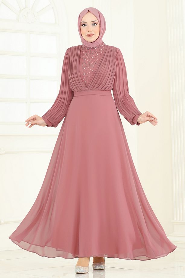 Taşlı Şifon Abiye 0404ALG474 Gül Kurusu - 1