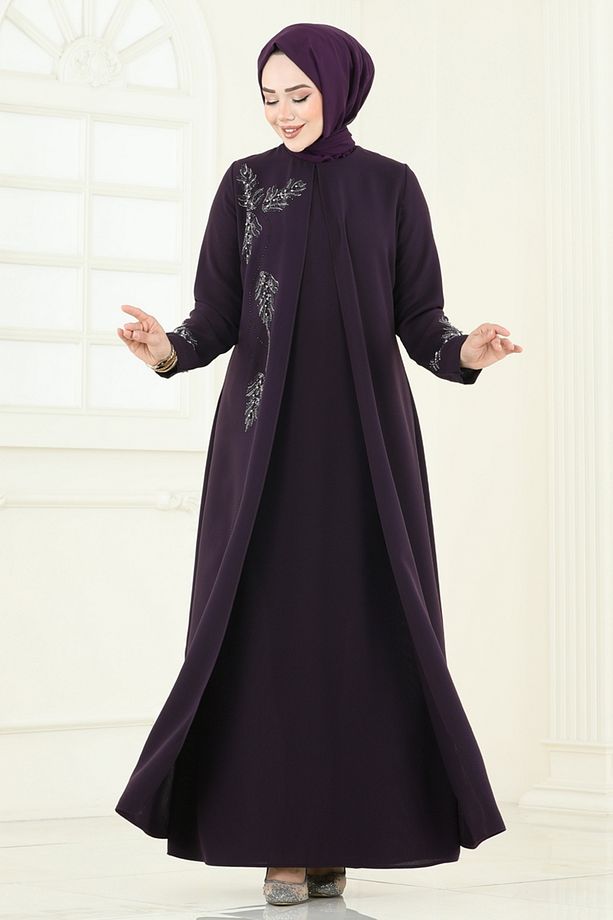 Taş Detay Abiye Elbise 2005OZT1013 Mürdüm - 2
