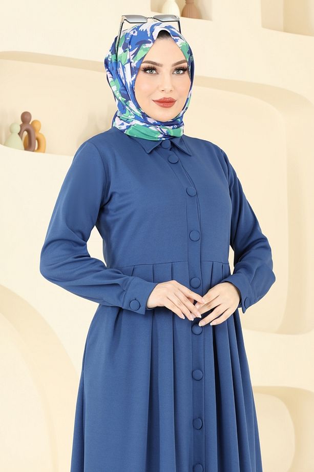 Önden Düğmeli Elbise Ferace 23008UKB139 İndigo - 3